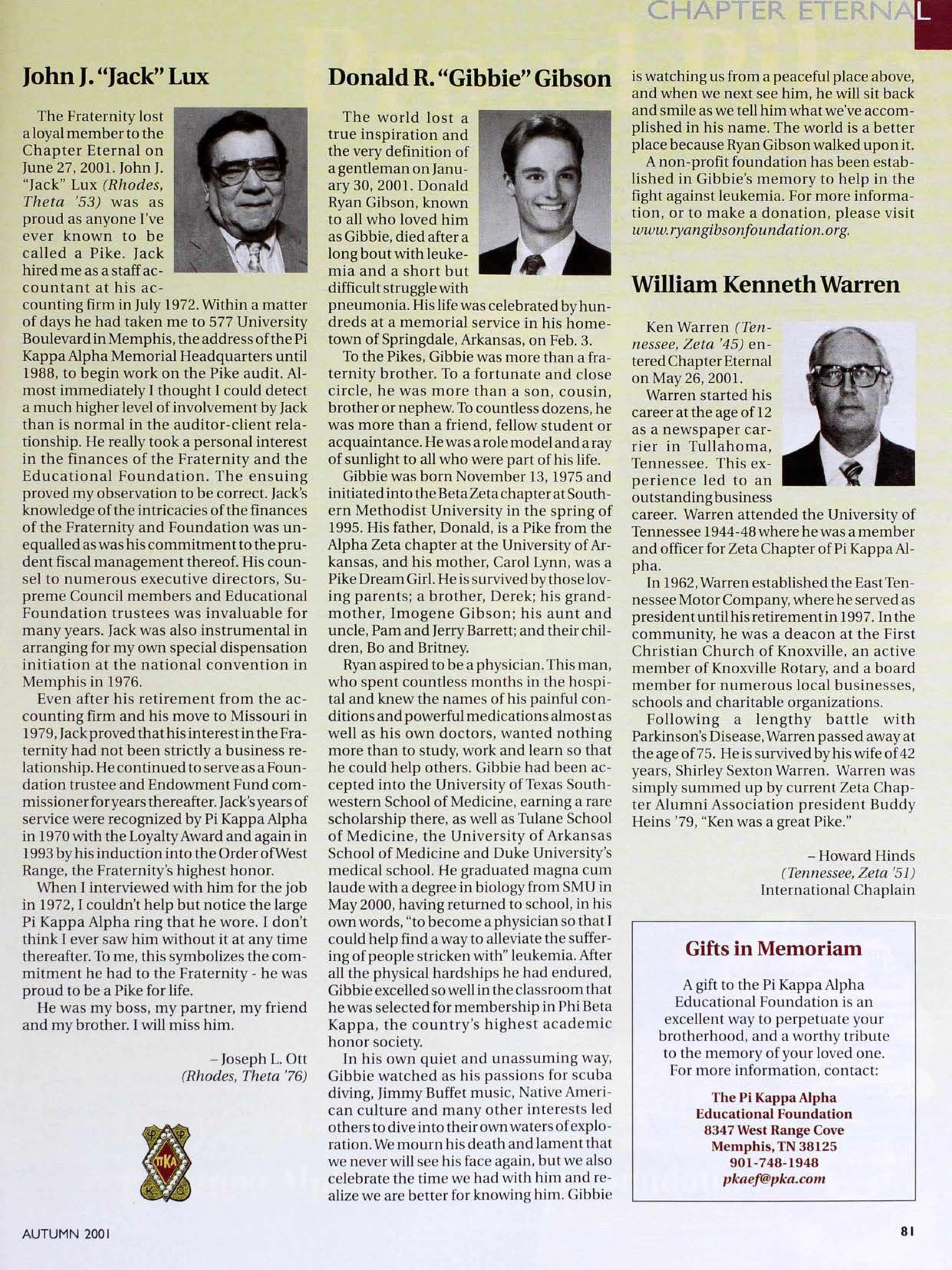 Chapter Eternal, Autumn 2001